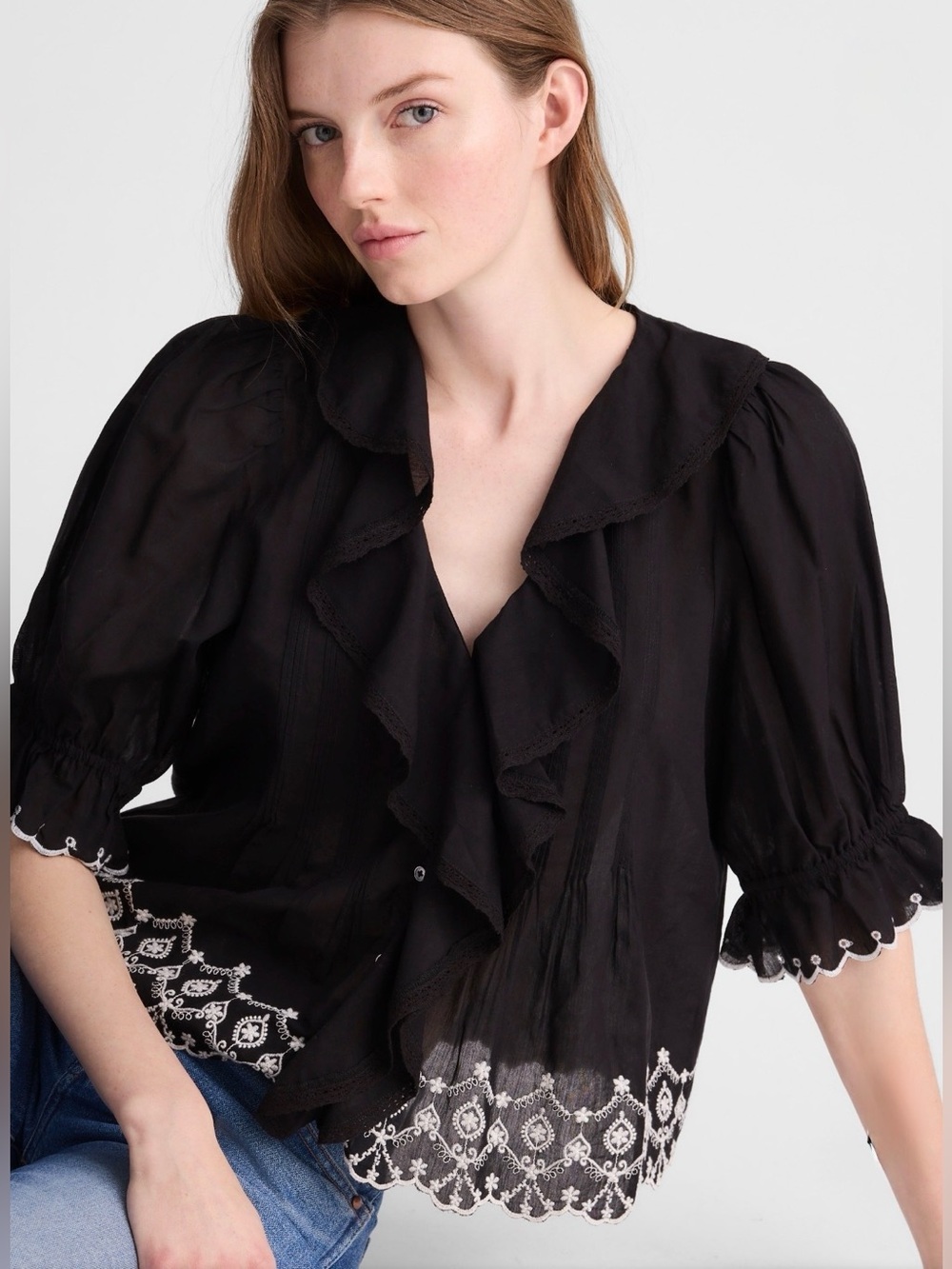 Madewell The Blaire Top in Jet Black Embroidered Ruffle Blouse Small 98$
